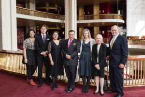 2019 HBF Winner, Gabriella Reyes, Alexander Schuck, 2020 HBF prize winner Yunuet Laguna, Foundation Chairman Dr. Gaston Ormazabal, Executive Director of the Lindemann Young Artist Development Program Sophie Joyce, and Foundation Board Members Mary Gene Sondericker and entrepreneur and philanthropist Richard Strother.