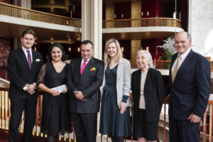 Alexander Schuck, 2020 HBF prize winner Yunuet Laguna, Foundation Chairman Dr. Gaston Ormazabal, Executive Director of the Lindemann Young Artist Development Program Sophie Joyce, and Foundation Board Members Mary Gene Sondericker and entrepreneur and philanthropist Richard Strother.