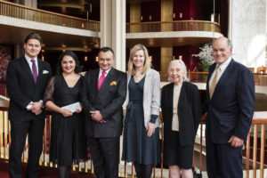 Alexander Schuck, 2020 HBF prize winner Yunuet Laguna, Foundation Chairman Dr. Gaston Ormazabal, Executive Director of the Lindemann Young Artist Development Program Sophie Joyce, and Foundation Board Members Mary Gene Sondericker and entrepreneur and philanthropist Richard Strother.