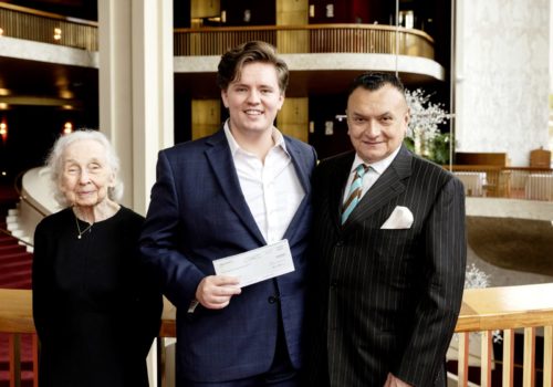 Metropolitan Opera Board Member and HBF Board Member Mary Gene Sondericker, 2022 HBF prize winner Jonah Hoskins, and foundation Chairman Dr. Gaston Ormazabal